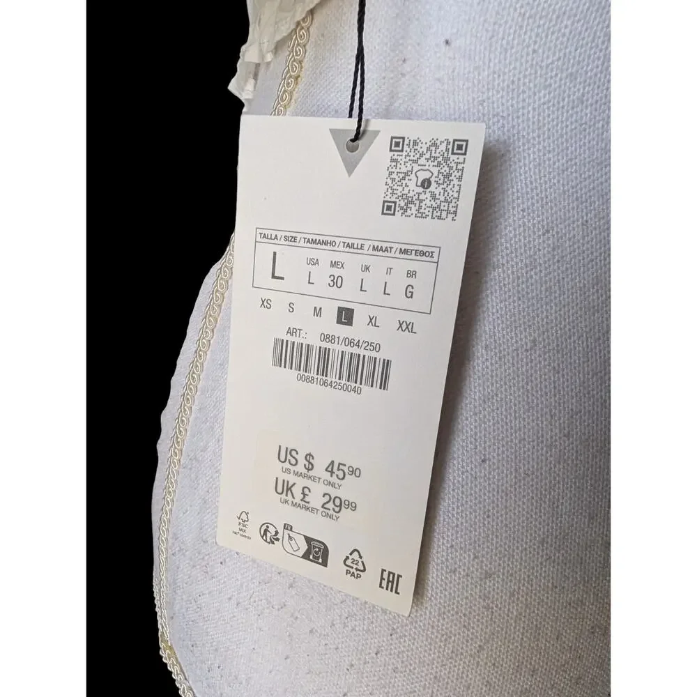 Zara White Smocked Puff Sleeve Open Back Top New Size L Coquette Y2K Milkmaid